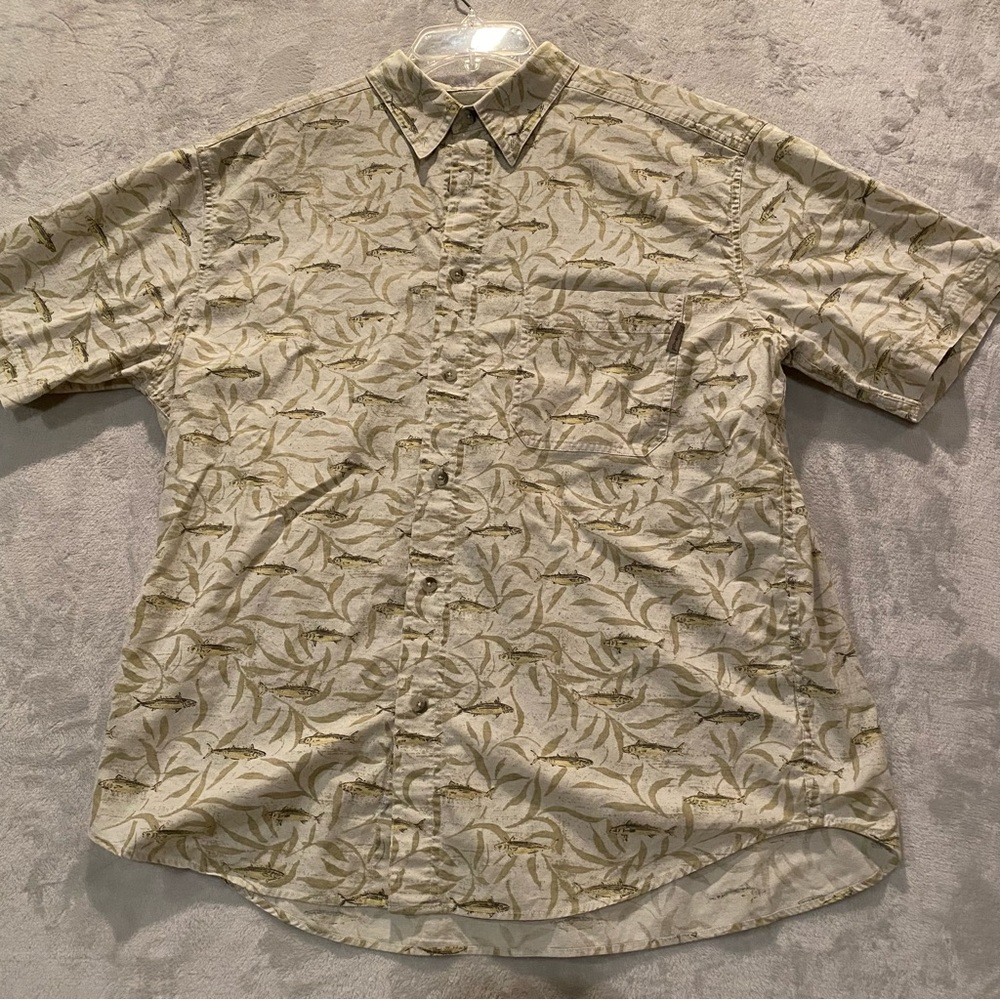 Woolrich Shirt Men’s Large Multicolor Stone Fish&Kelp Button Up Short Sleeve